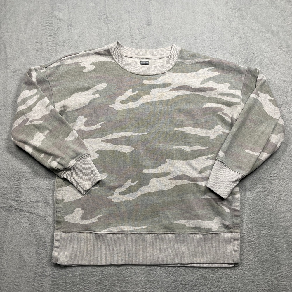 Aerie Sweatshirt Womens XS Grey Camo Crew Neck Side Slit Relaxed Pullover
